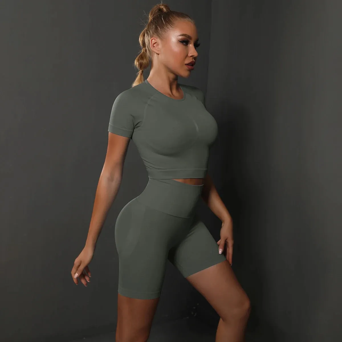 2PCS Seamless Women Yoga Set Gym Sportswear Sport Top and Hight Waist Short Suit Fitness Workout Butt Lifting Short Tight Suit