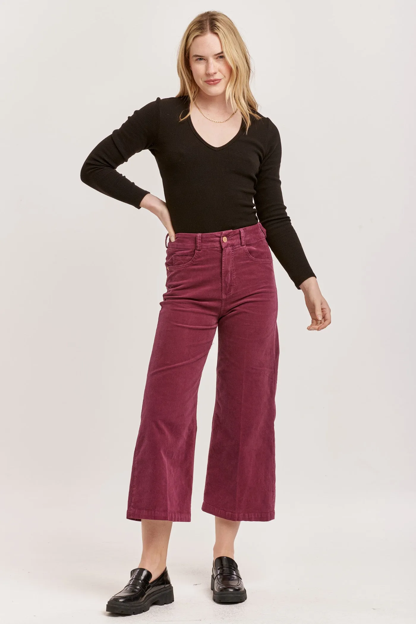 AUDREY HIGH RISE CROPPED WIDE LEG PANTS PLUM BERRY CORDUROY