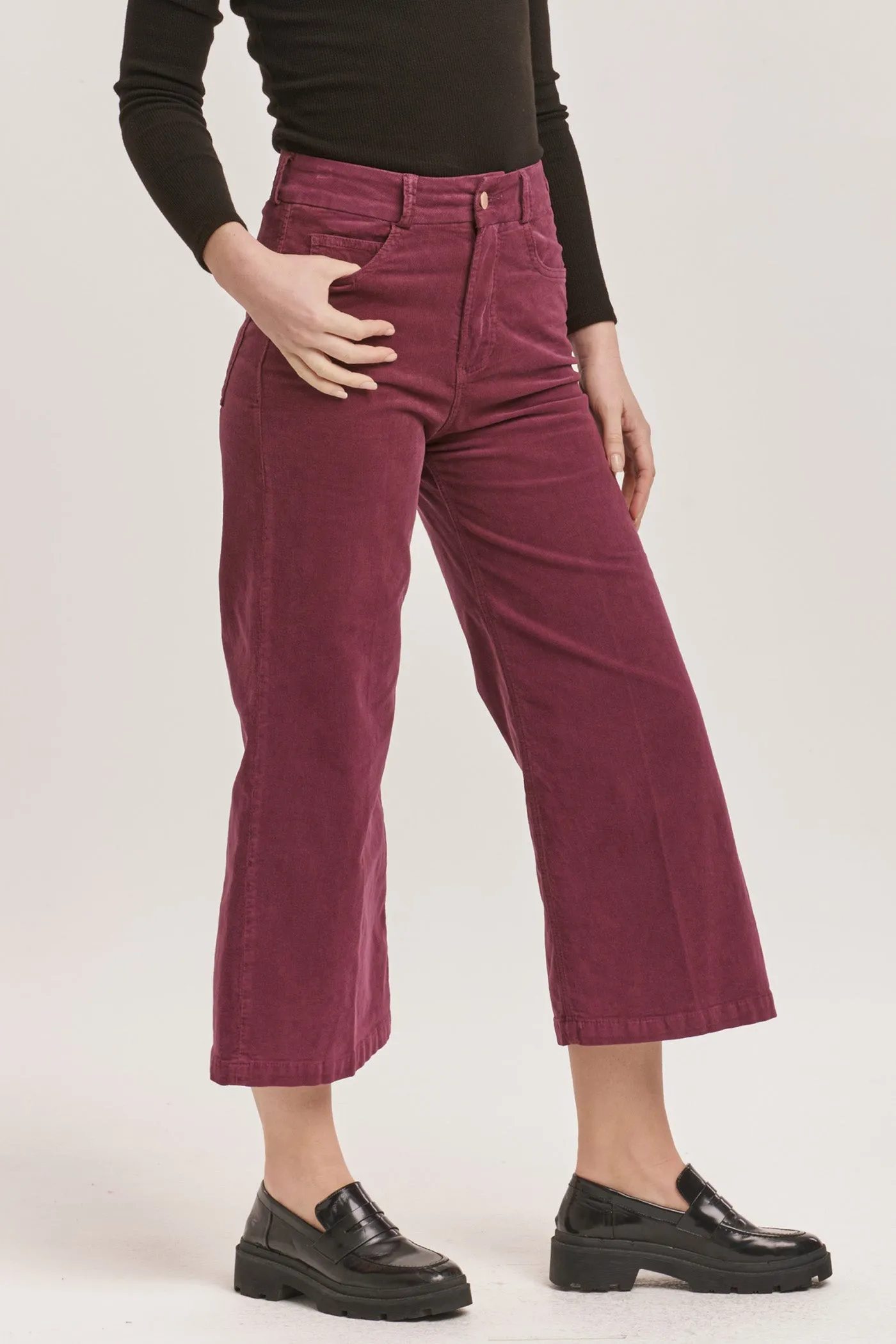 AUDREY HIGH RISE CROPPED WIDE LEG PANTS PLUM BERRY CORDUROY