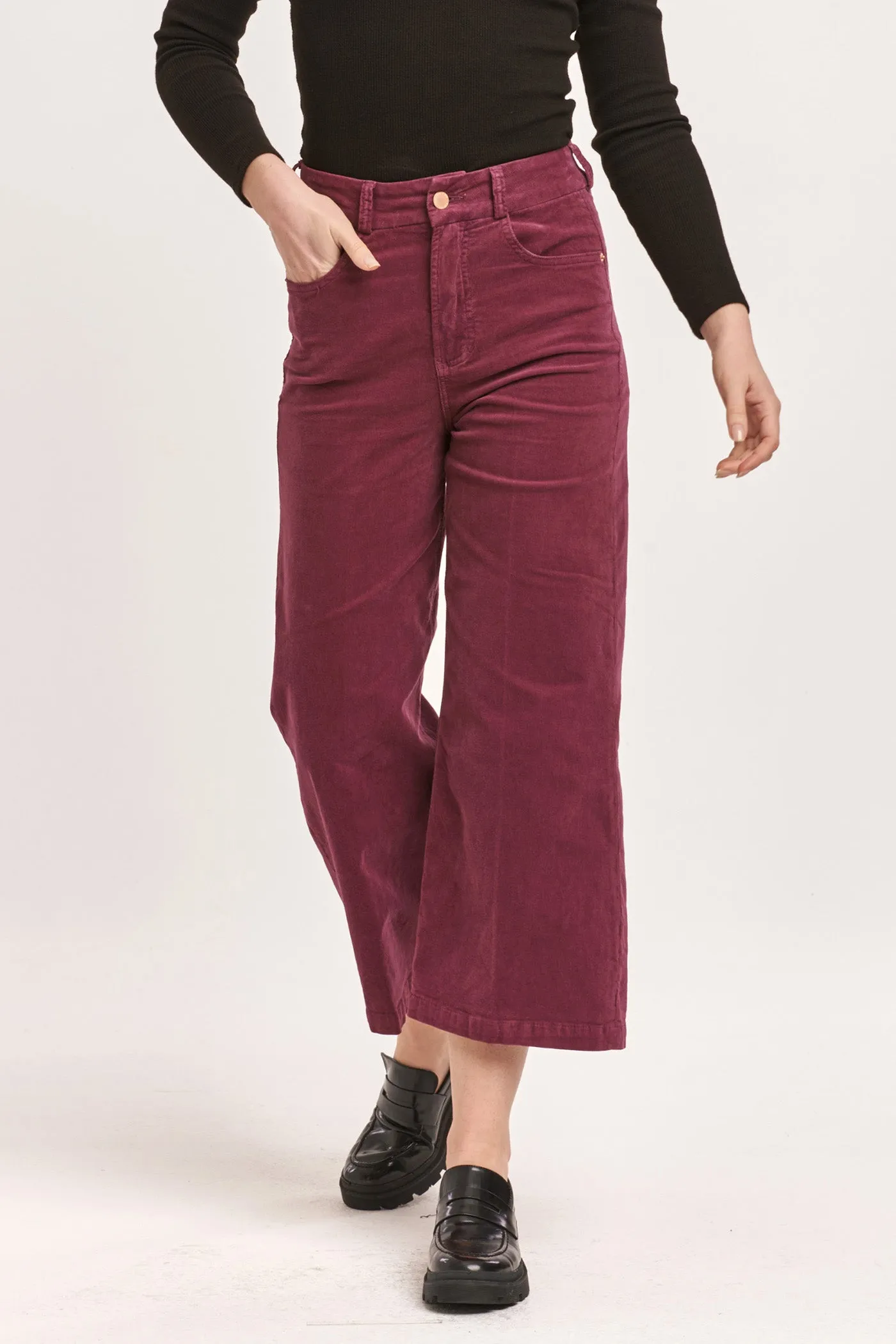 AUDREY HIGH RISE CROPPED WIDE LEG PANTS PLUM BERRY CORDUROY