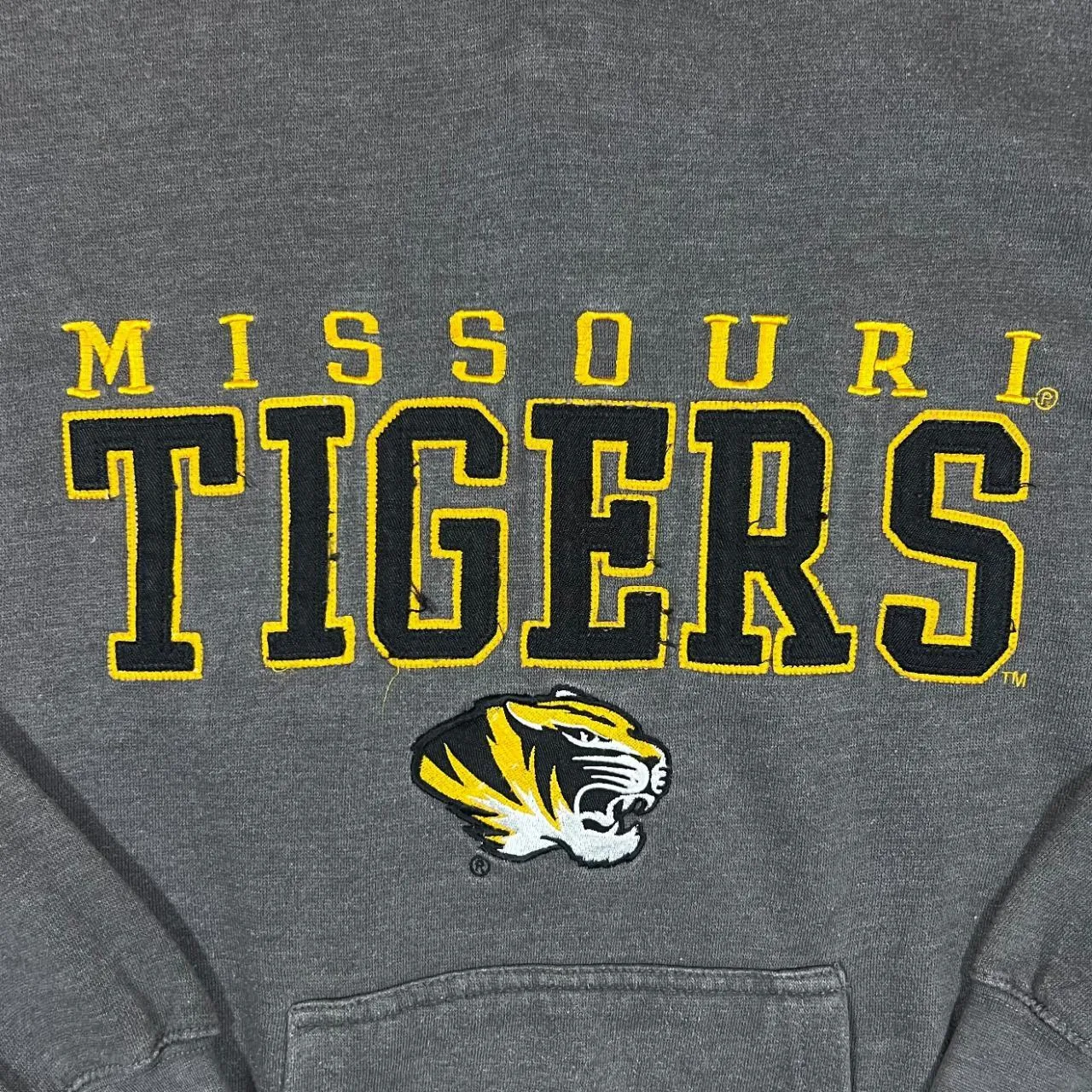 Blue 84 MISSOURI TIGERS Embroidered College Spellout Grey Pullover Hoodie