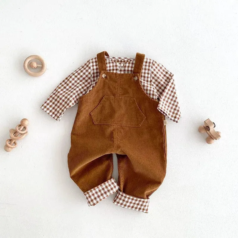 Brown Corduroy Overalls with Checkered Shirt
