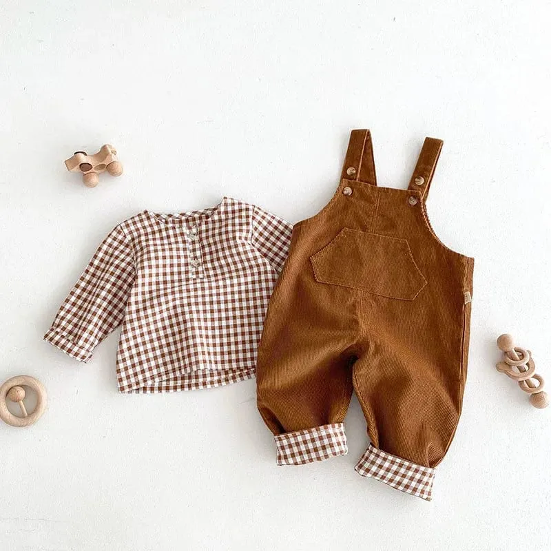Brown Corduroy Overalls with Checkered Shirt