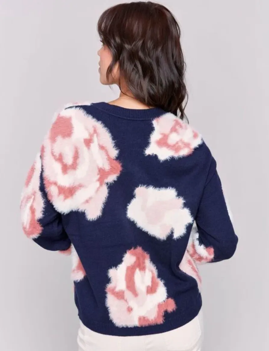 Charlie B Hairy Yarn Floral Jacquard Crew-Neck Sweater -Navy