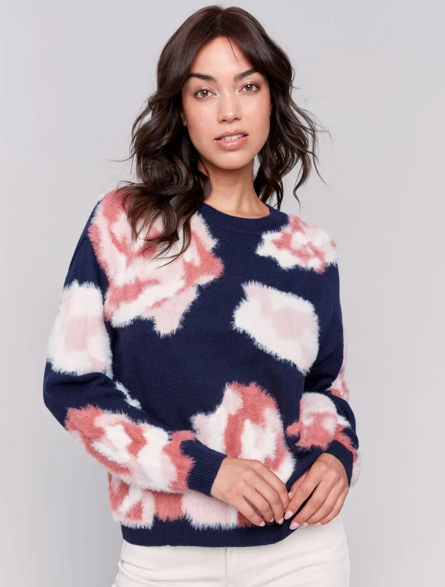 Charlie B Hairy Yarn Floral Jacquard Crew-Neck Sweater -Navy