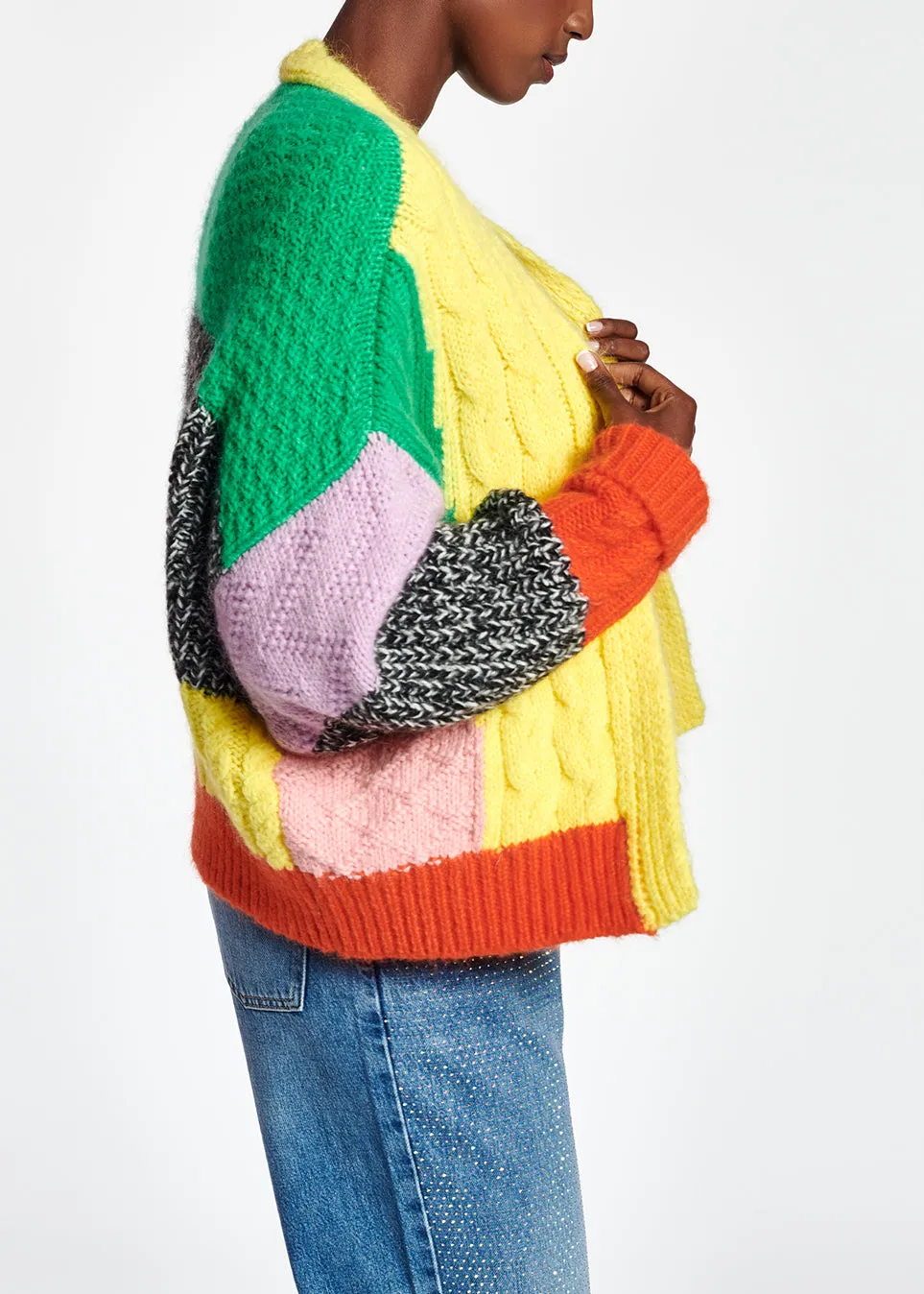Colorful patchwork knit cardigan
