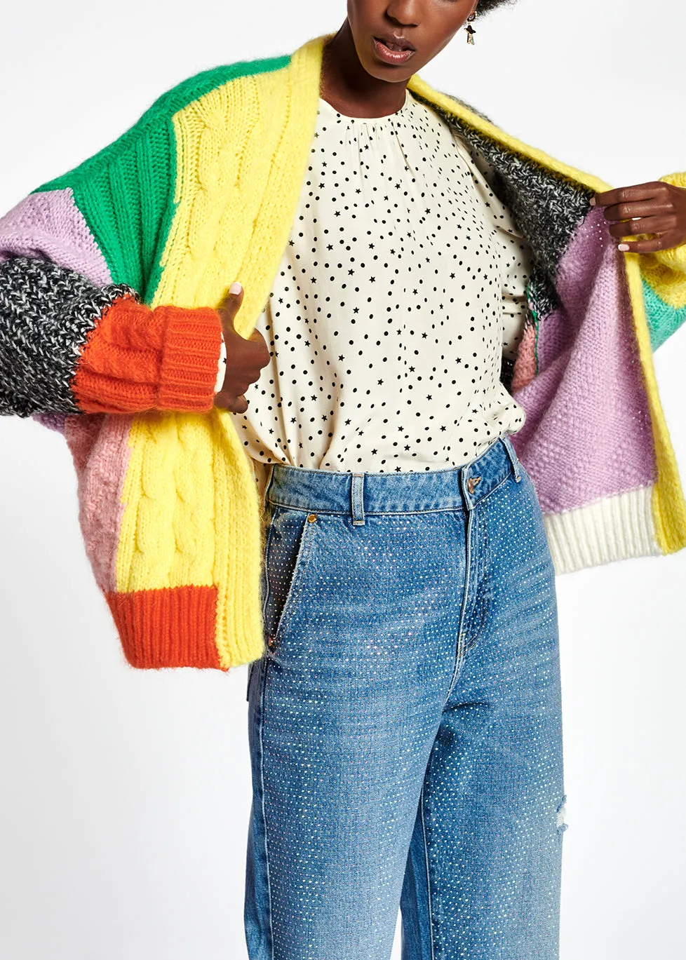 Colorful patchwork knit cardigan