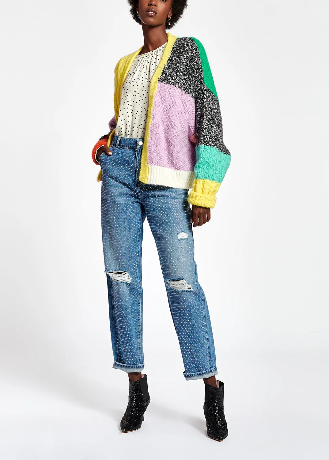 Colorful patchwork knit cardigan