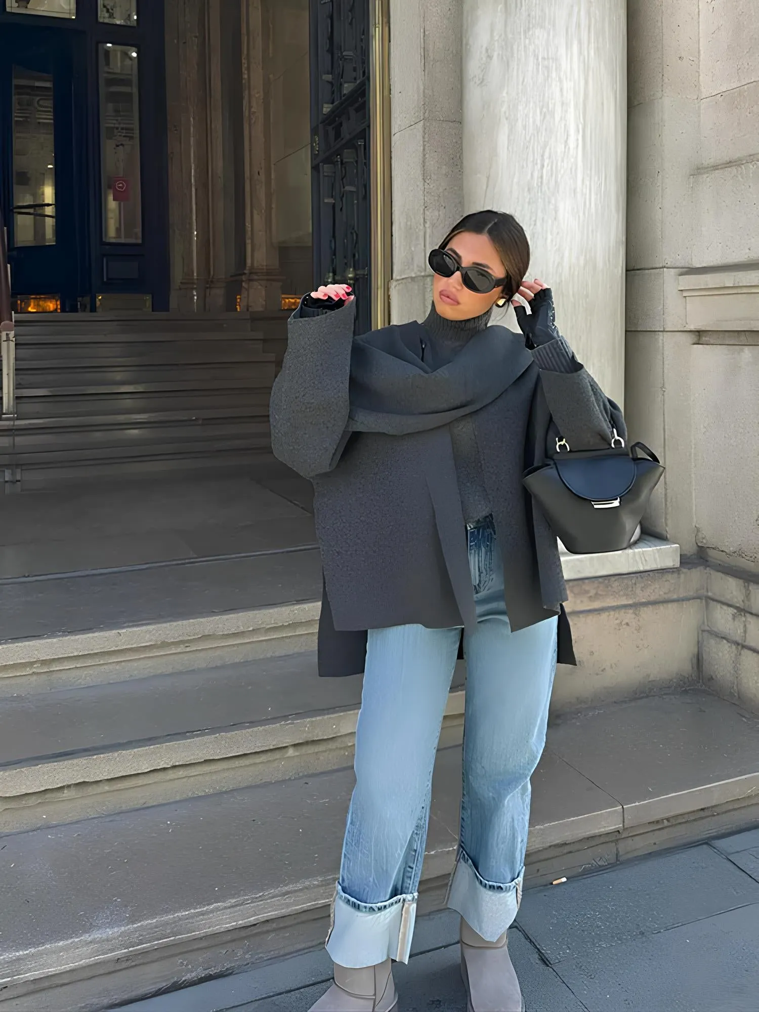 Elegant Scarf Collar Woolen Jacket