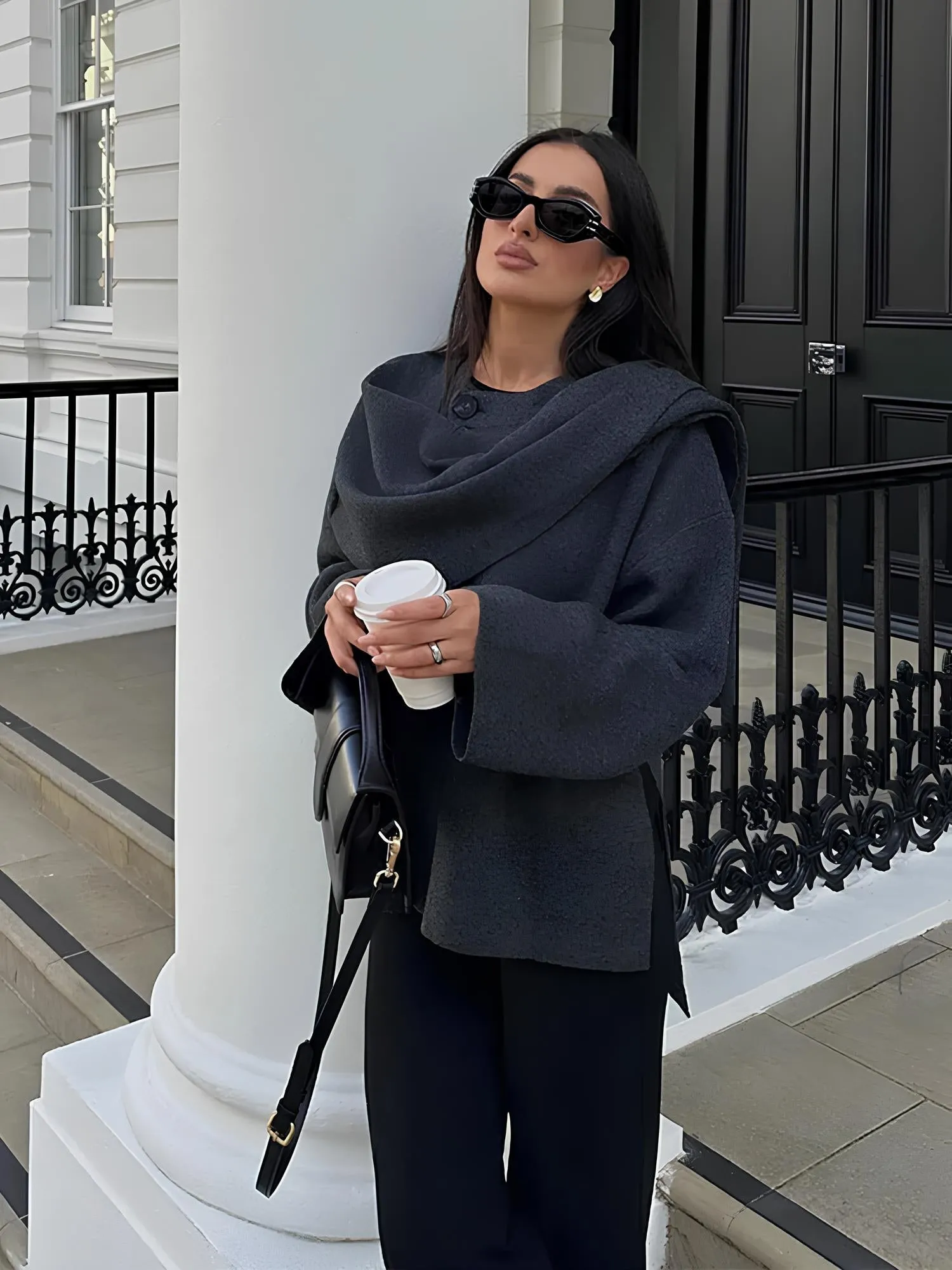 Elegant Scarf Collar Woolen Jacket