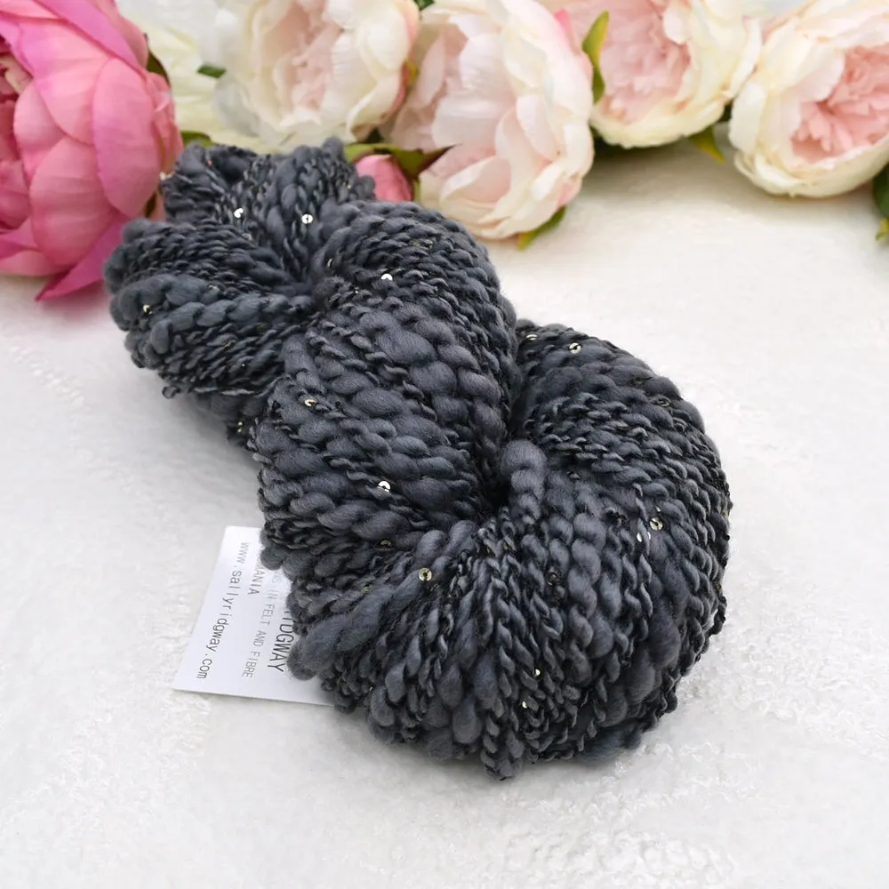 Grey Hand Spun Chunky Merino Wool Yarn Thick & Thin with Sequins