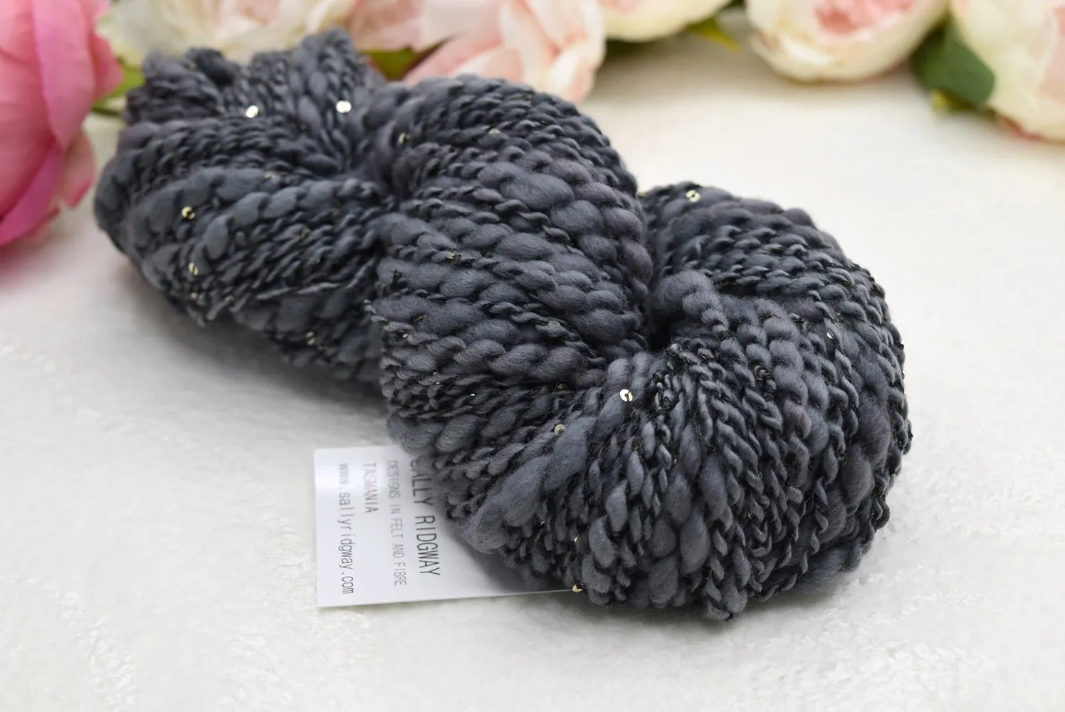 Grey Hand Spun Chunky Merino Wool Yarn Thick & Thin with Sequins