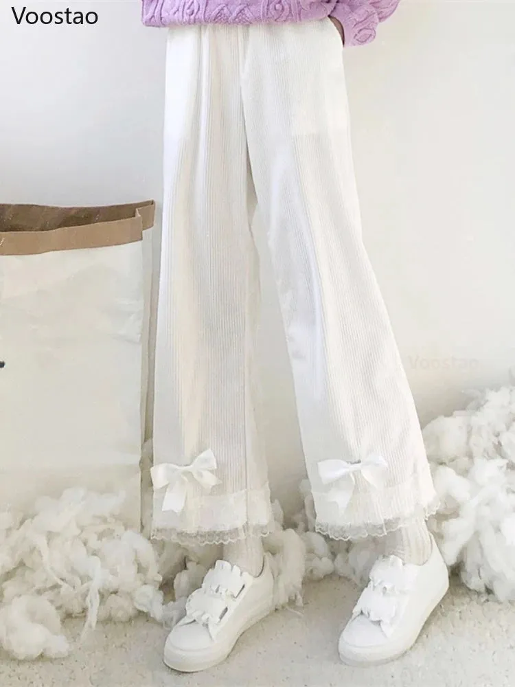 Japanese Lolita Women's Kawaii High Waist Corduroy Pants Sweet Bow Lace Wide Leg Pants Girly Harajuku Chic Loose Cute Trousers