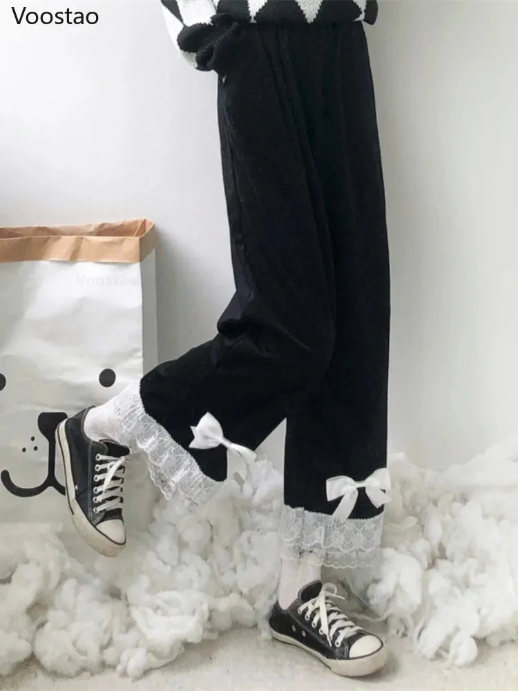 Japanese Lolita Women's Kawaii High Waist Corduroy Pants Sweet Bow Lace Wide Leg Pants Girly Harajuku Chic Loose Cute Trousers