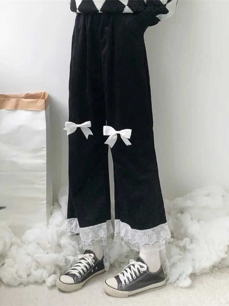 Japanese Lolita Women's Kawaii High Waist Corduroy Pants Sweet Bow Lace Wide Leg Pants Girly Harajuku Chic Loose Cute Trousers