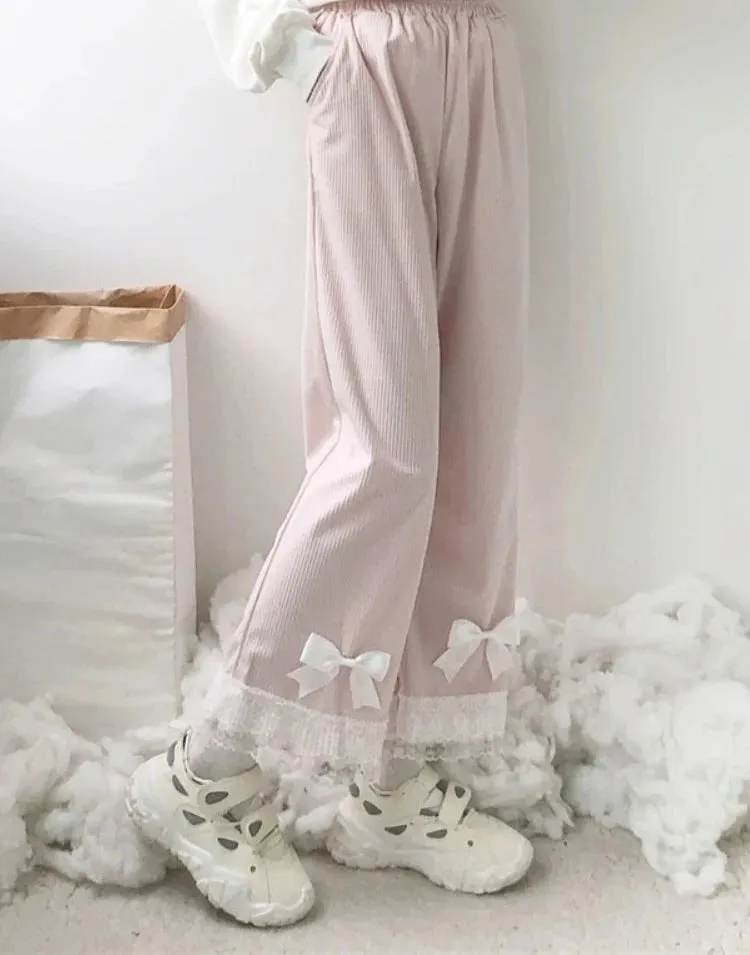Japanese Lolita Women's Kawaii High Waist Corduroy Pants Sweet Bow Lace Wide Leg Pants Girly Harajuku Chic Loose Cute Trousers