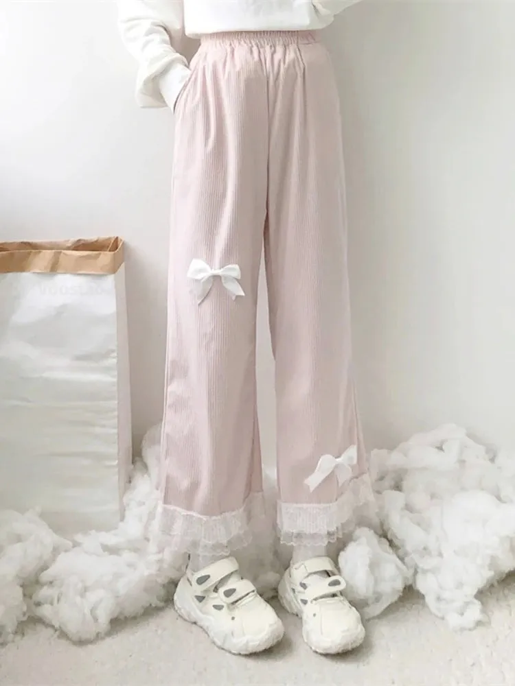 Japanese Lolita Women's Kawaii High Waist Corduroy Pants Sweet Bow Lace Wide Leg Pants Girly Harajuku Chic Loose Cute Trousers