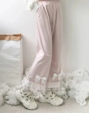 Japanese Lolita Women's Kawaii High Waist Corduroy Pants Sweet Bow Lace Wide Leg Pants Girly Harajuku Chic Loose Cute Trousers