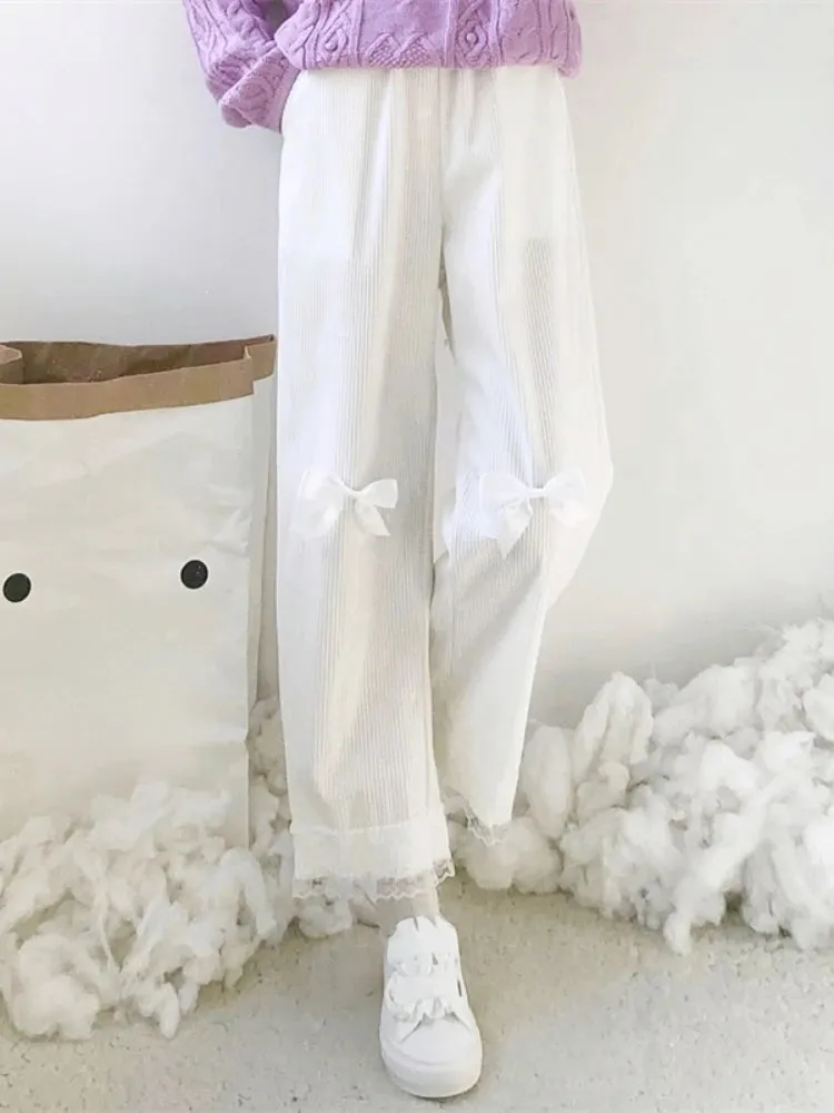 Japanese Lolita Women's Kawaii High Waist Corduroy Pants Sweet Bow Lace Wide Leg Pants Girly Harajuku Chic Loose Cute Trousers