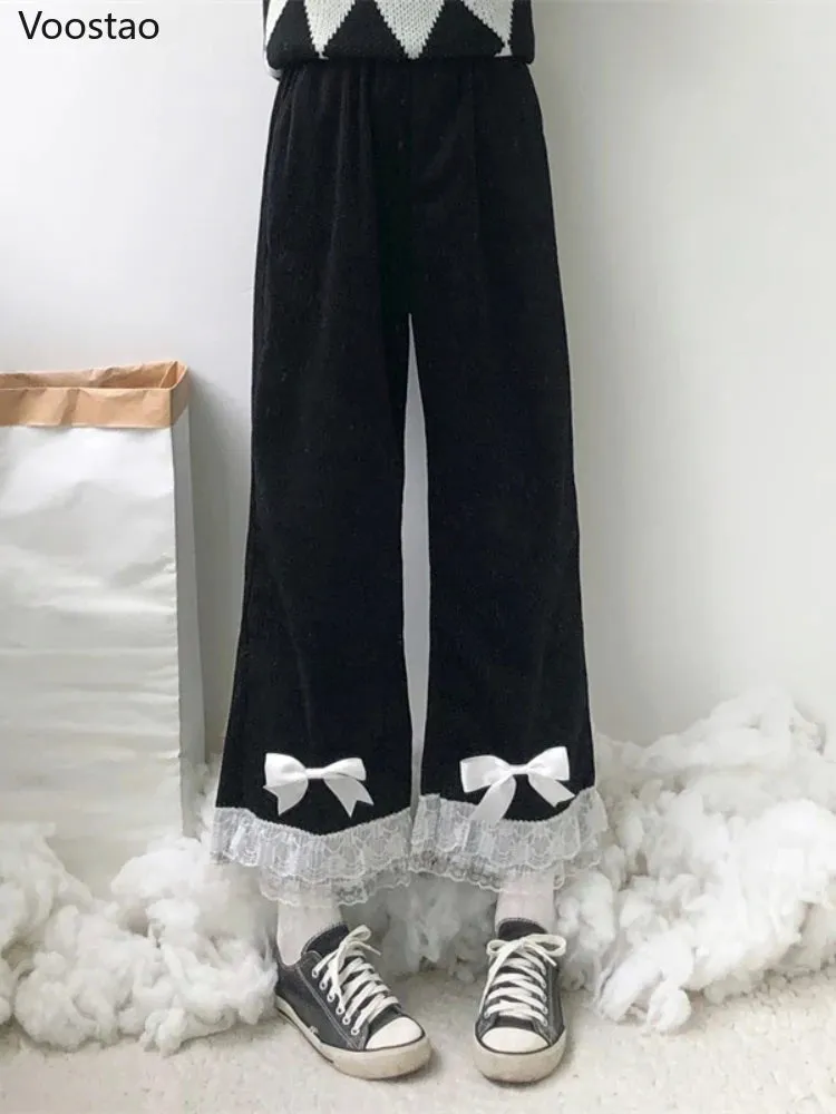 Japanese Lolita Women's Kawaii High Waist Corduroy Pants Sweet Bow Lace Wide Leg Pants Girly Harajuku Chic Loose Cute Trousers