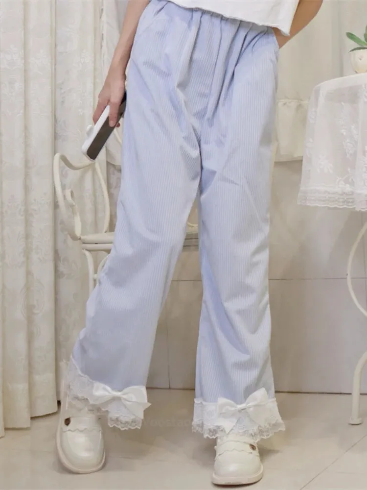 Japanese Lolita Women's Kawaii High Waist Corduroy Pants Sweet Bow Lace Wide Leg Pants Girly Harajuku Chic Loose Cute Trousers