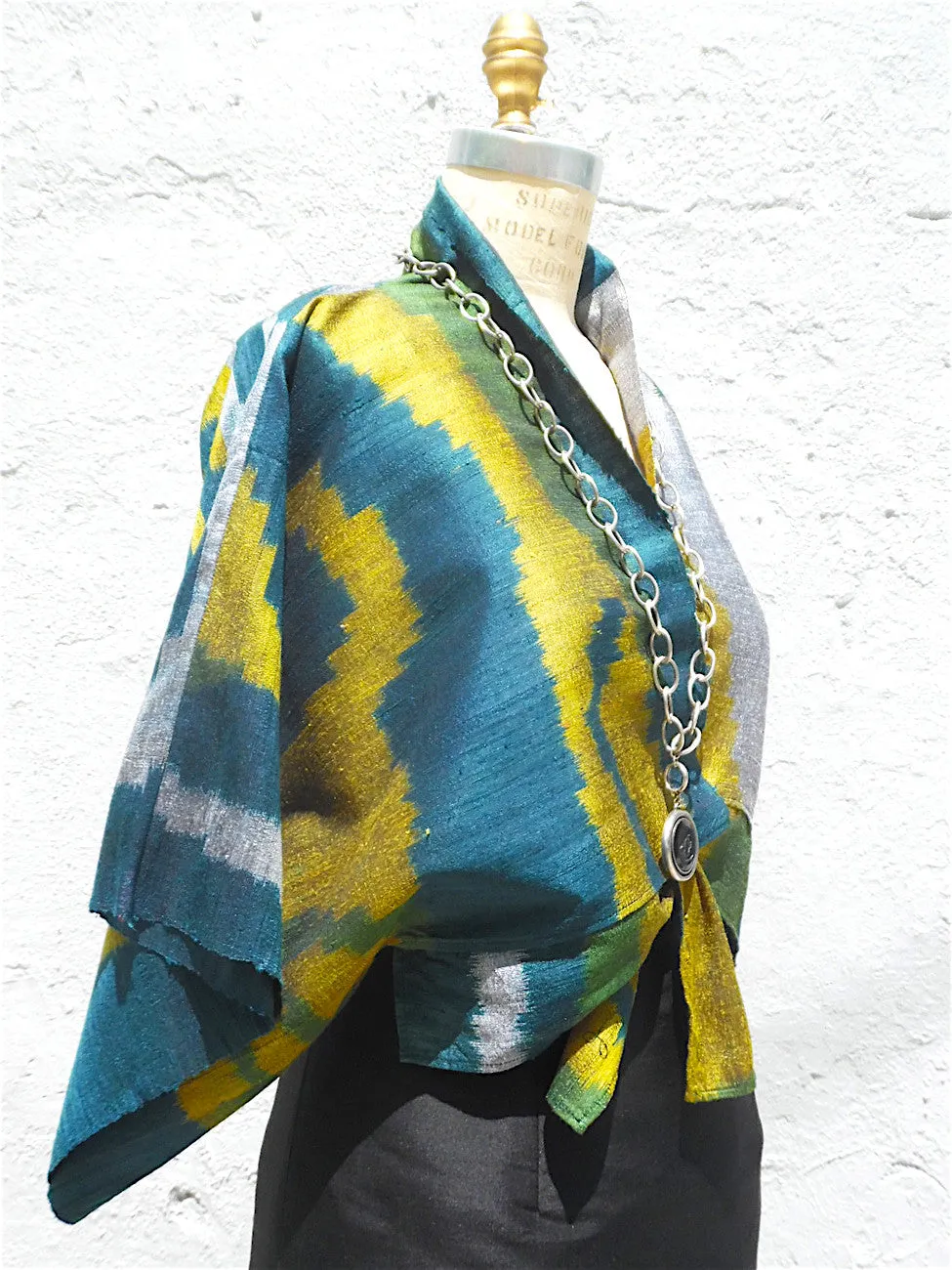 Kimono Style Short Jacket Silk Ikat Blue Green