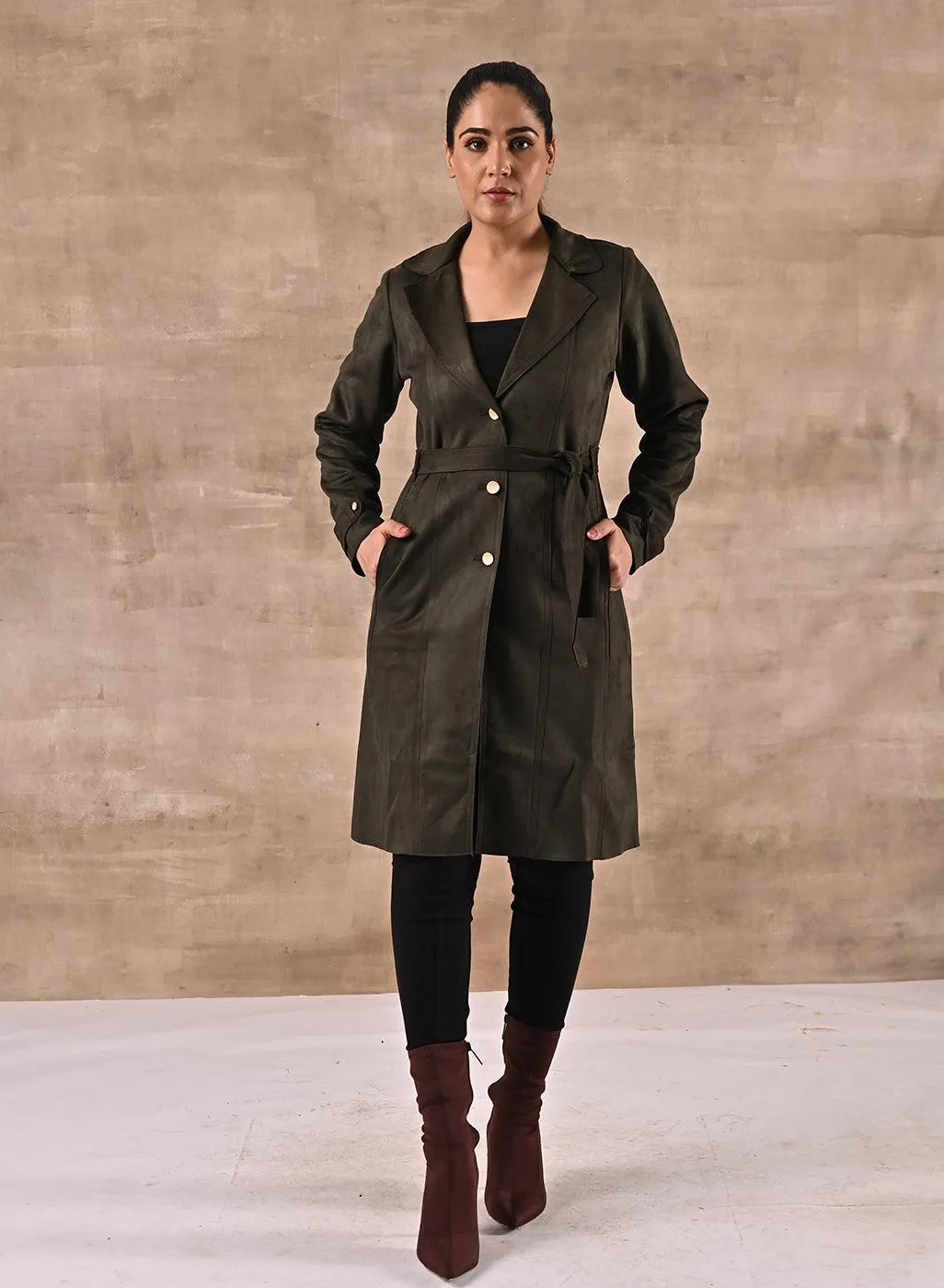 Olive Full Sleeve Tie Belt Trench Coat