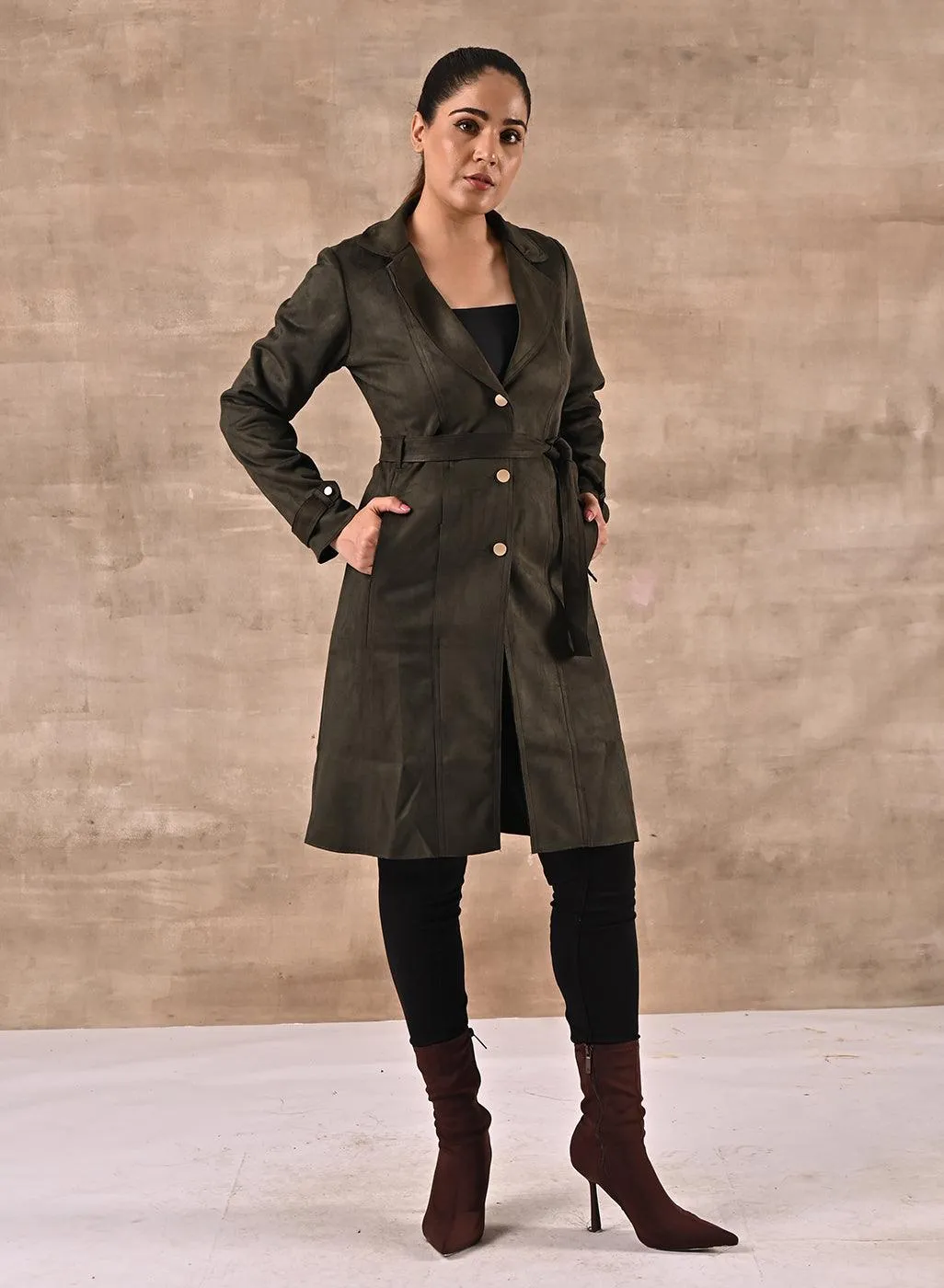 Olive Full Sleeve Tie Belt Trench Coat