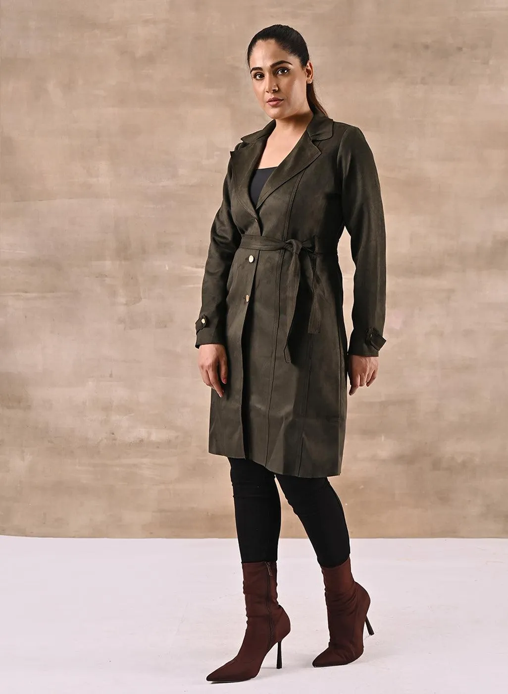 Olive Full Sleeve Tie Belt Trench Coat