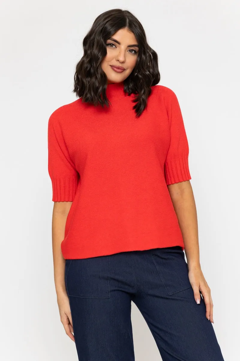 Short Sleeve Rib Edge Knit Jumper in Coral