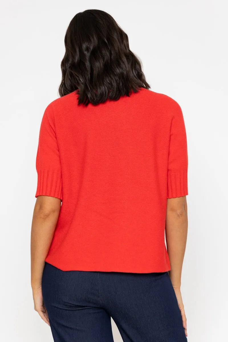 Short Sleeve Rib Edge Knit Jumper in Coral