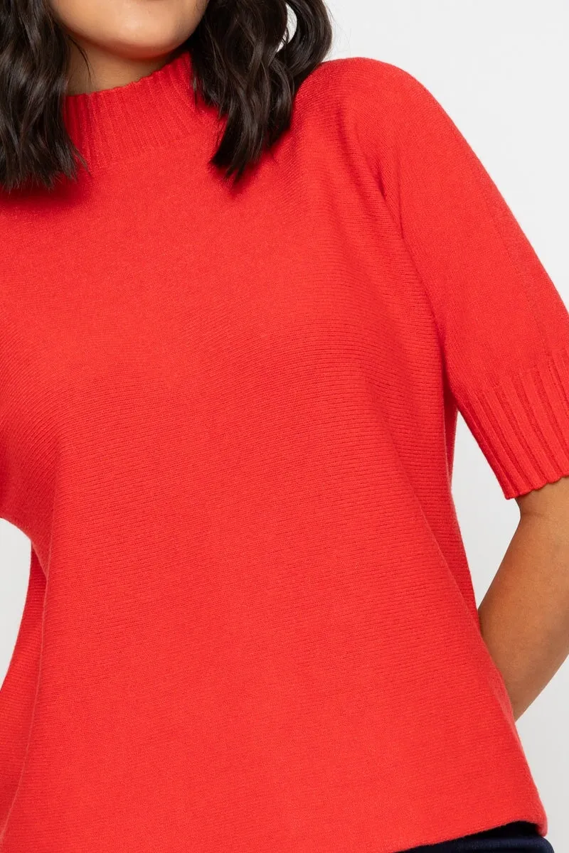 Short Sleeve Rib Edge Knit Jumper in Coral
