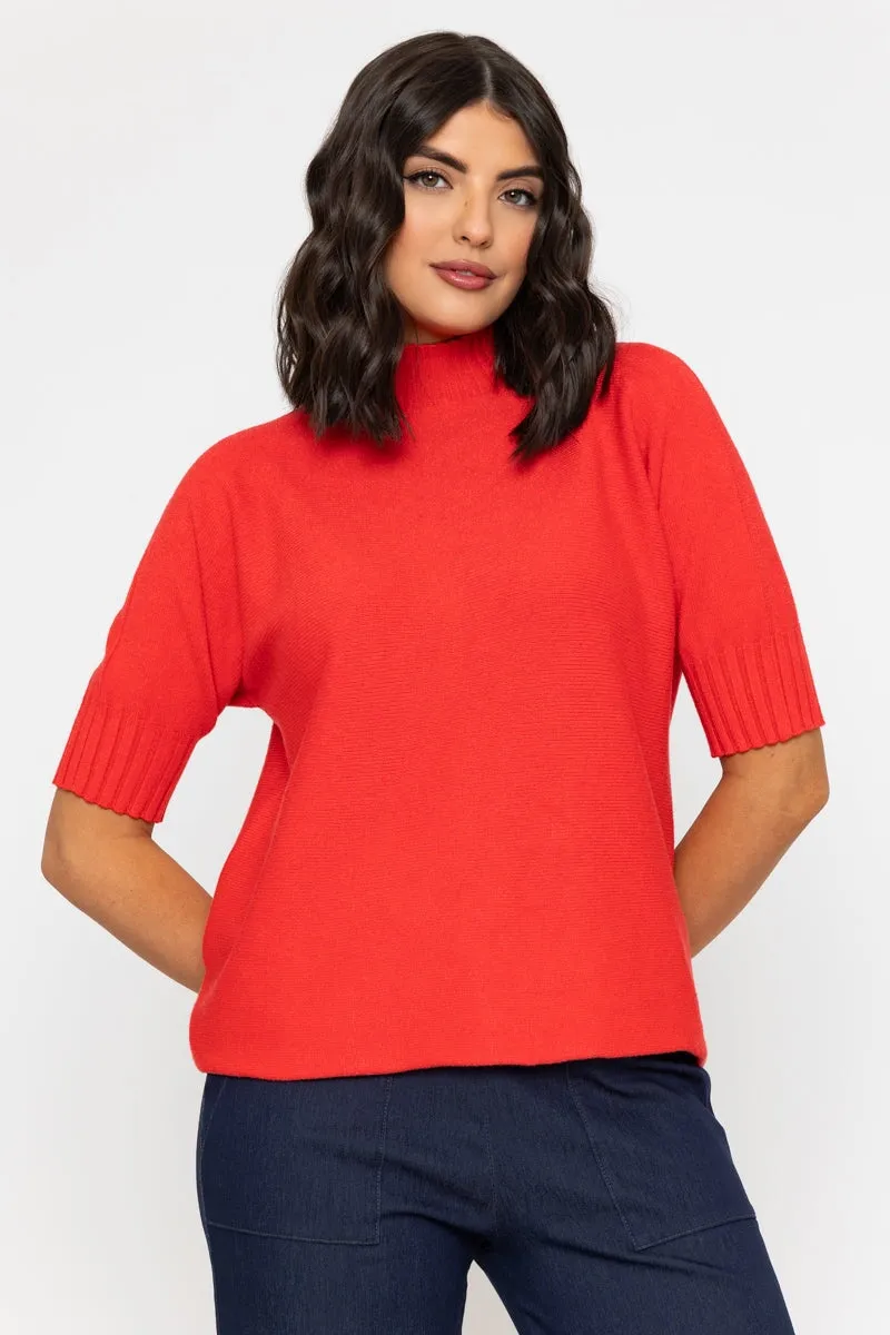 Short Sleeve Rib Edge Knit Jumper in Coral