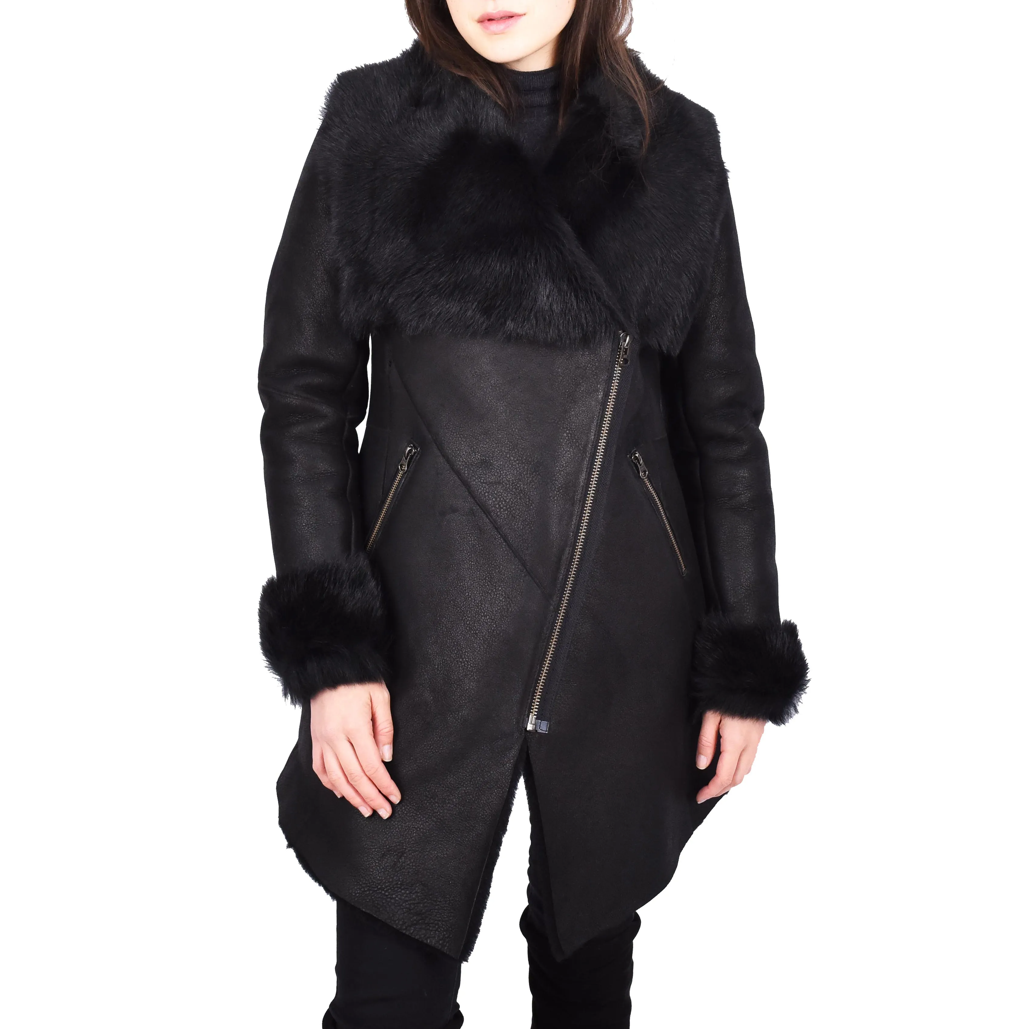 Womens Merino Shearling Toscana Collar Coat Black Colour Aurora