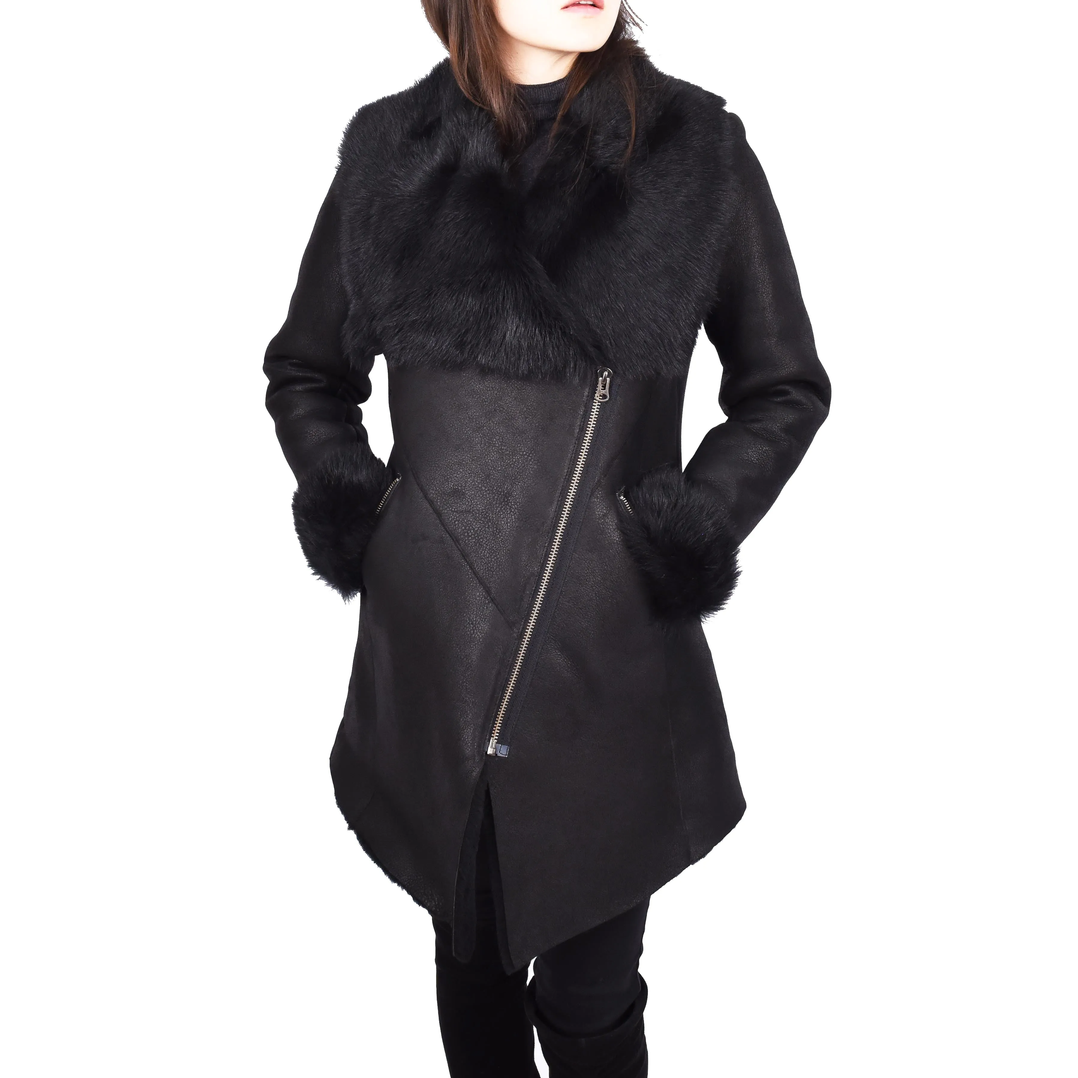 Womens Merino Shearling Toscana Collar Coat Black Colour Aurora