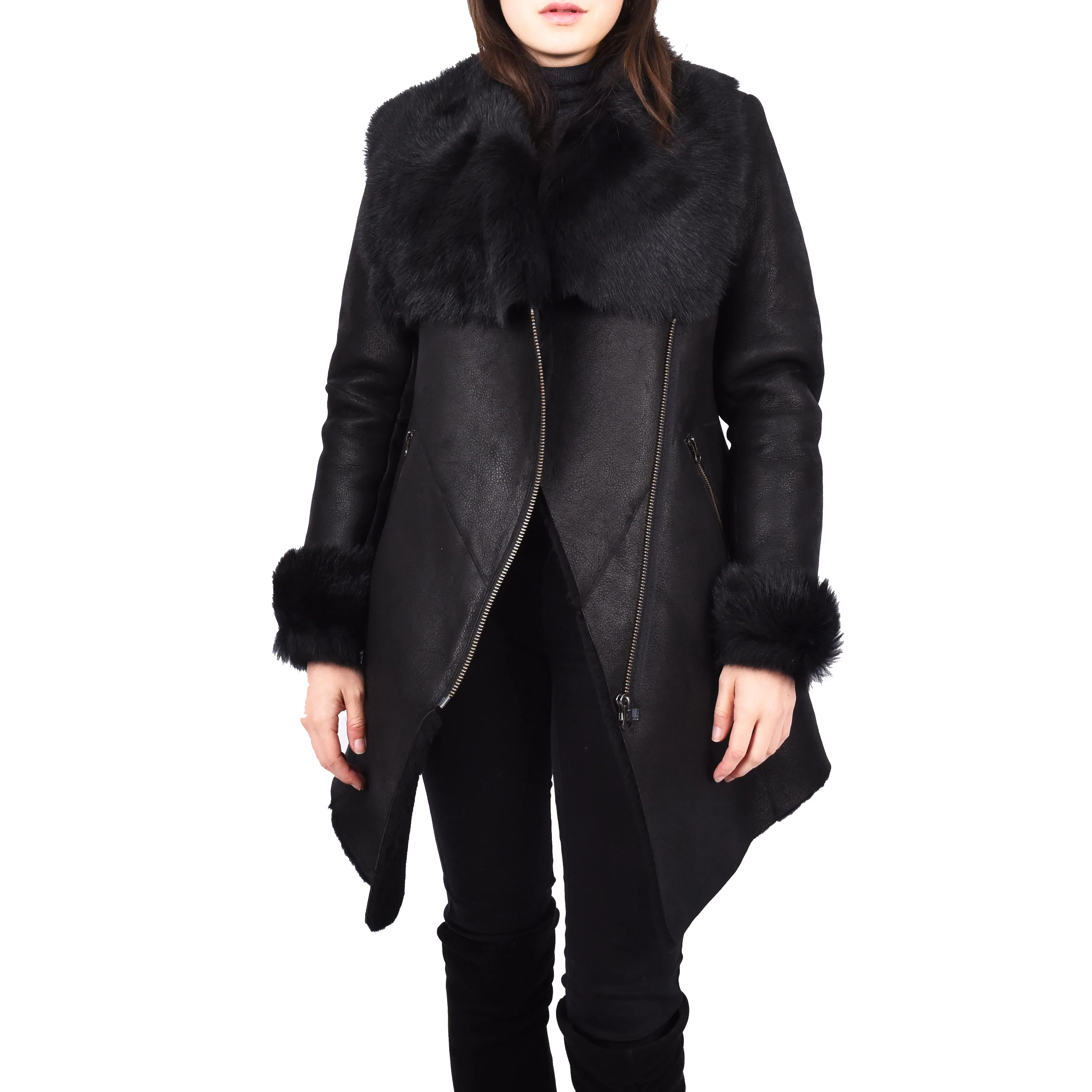 Womens Merino Shearling Toscana Collar Coat Black Colour Aurora
