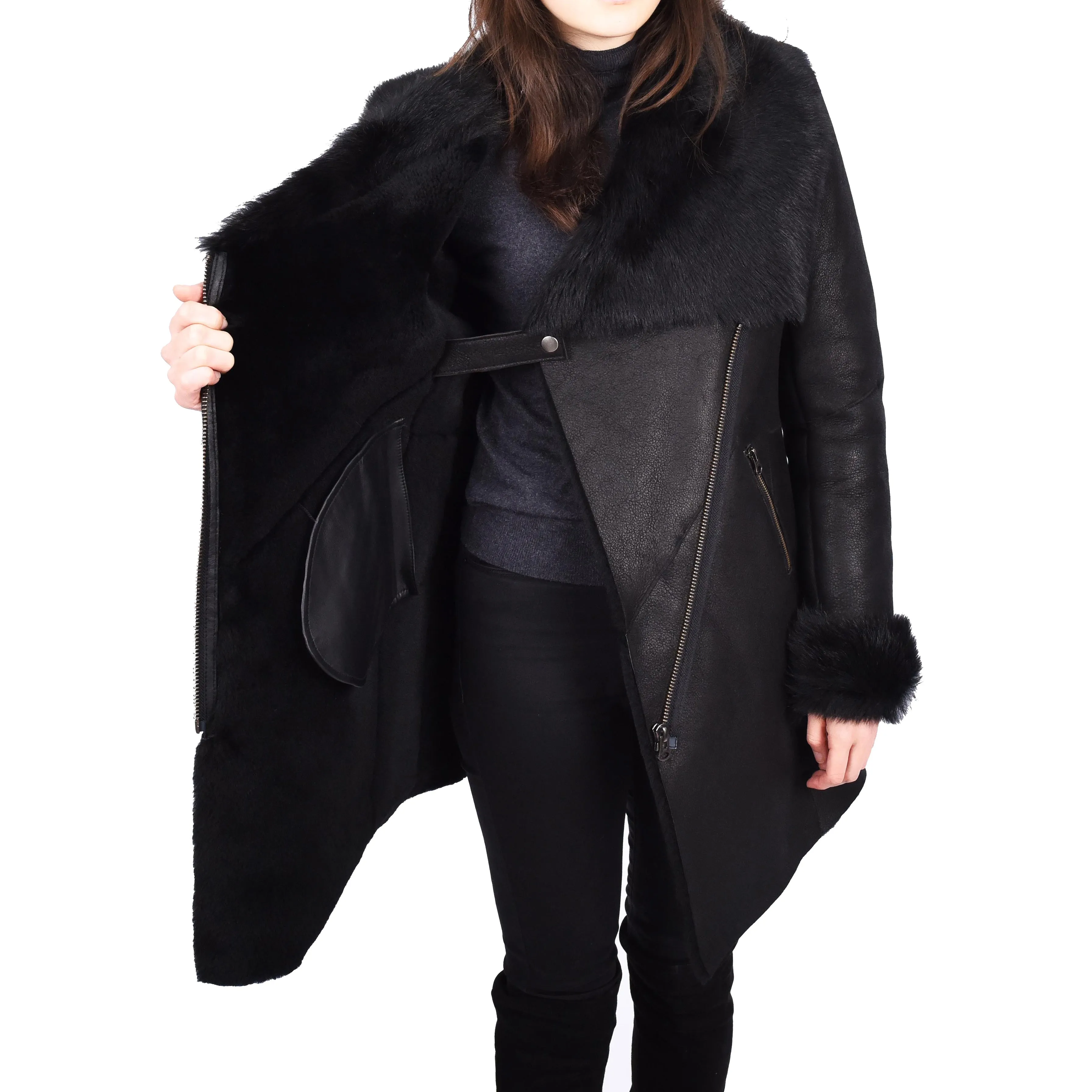 Womens Merino Shearling Toscana Collar Coat Black Colour Aurora